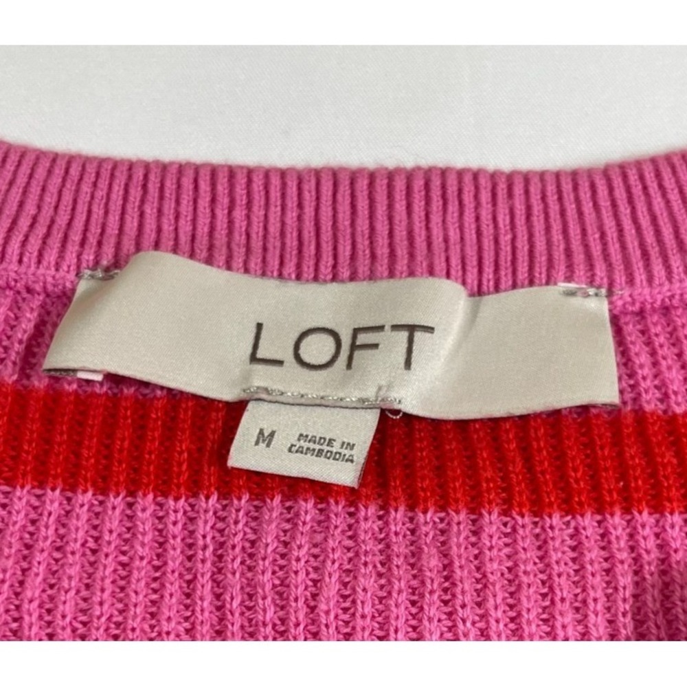 Loft Sweater Womens Medium M Pink Red Striped Cotton Knit V-Neck Pullover Slouch - Picture 3 of 8